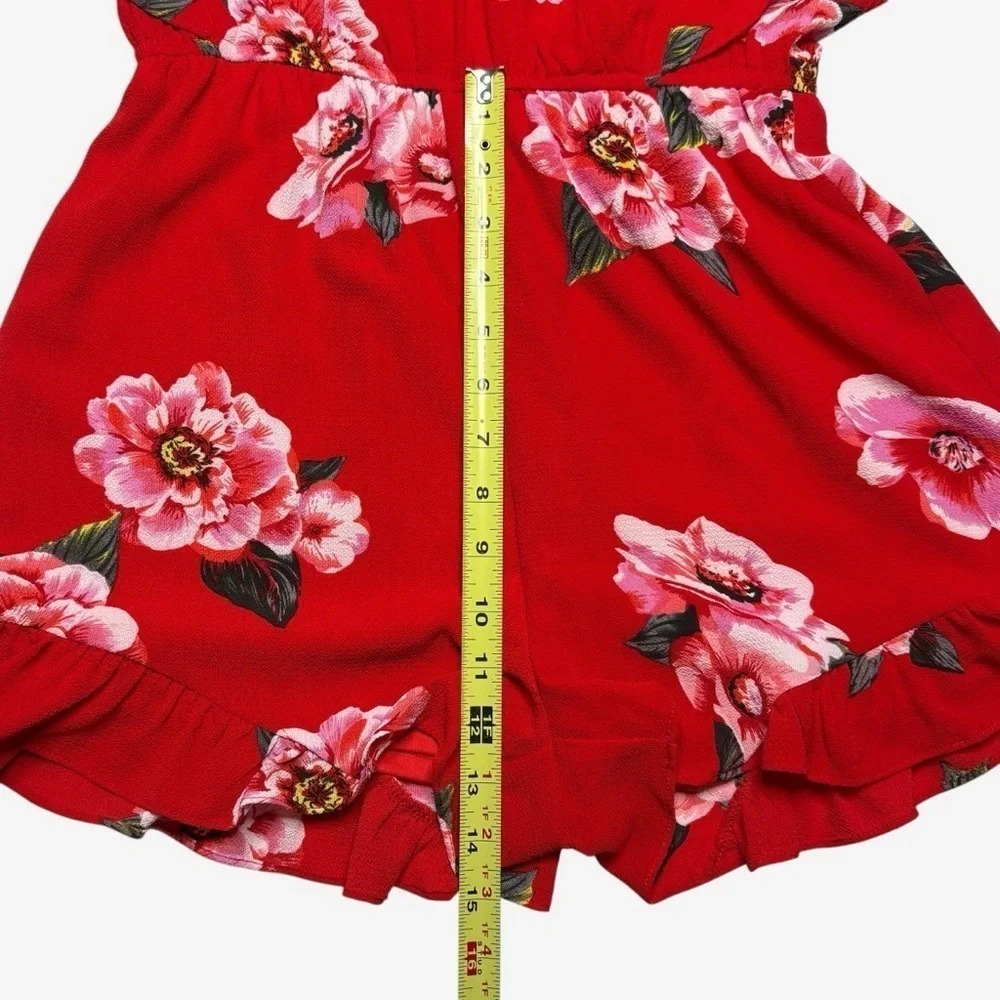 Umgee Floral Surplice Ruffle Romper Size S Red Built-In Shorts